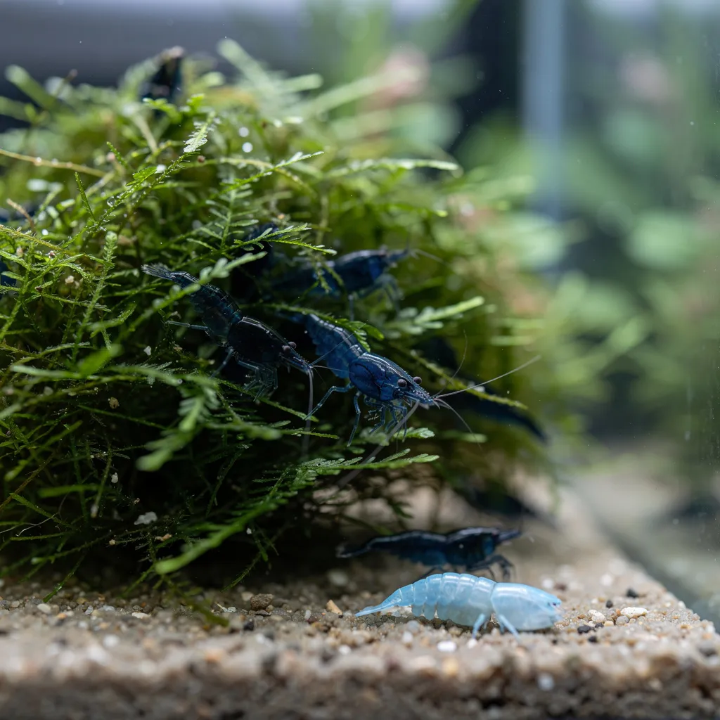 Frisch eingesetzte Blue Dream Garnelen verstecken sich im Javamoos — typisches Verhalten nach dem Kauf