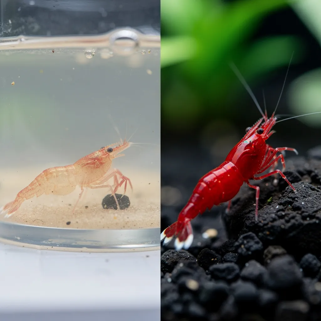 Farbentwicklung einer Red Sakura Garnele: blass nach dem Transport vs. leuchtend nach zwei Wochen