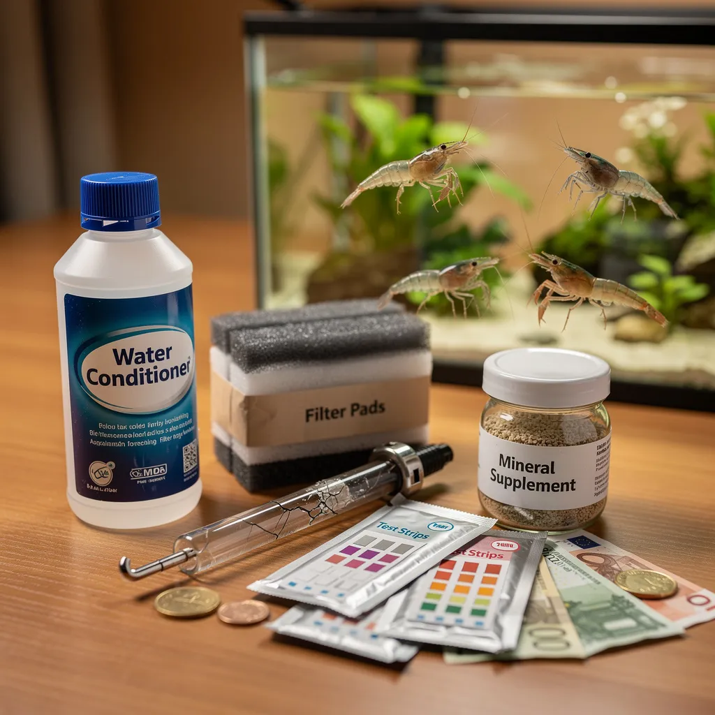 Versteckte Aquaristik-Kosten: Wasseraufbereiter, Ersatzfilter, Heizstab und Euroscheine auf Schreibtisch