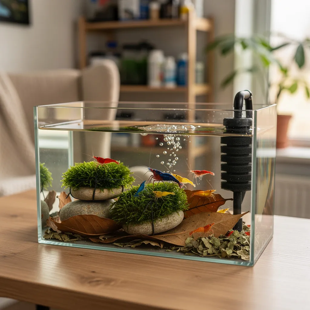Budget-freundliches DIY-Garnelenbecken mit selbstgemachten Moospads und natürlicher Einrichtung