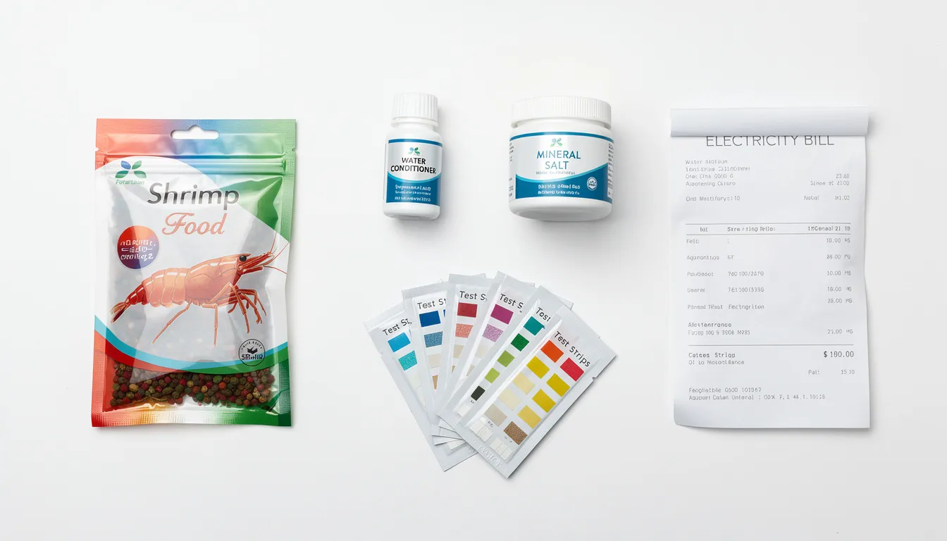 Monatliche Aquarien-Verbrauchsmaterialien: Futter, Wasseraufbereiter, Aufhärtesalz und Teststreifen
