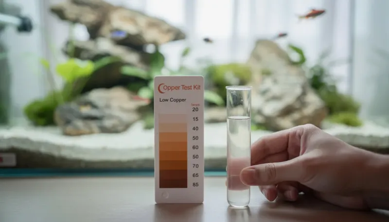Kupfer-Wassertest mit Farbvergleichskarte zeigt sicheren niedrigen Wert