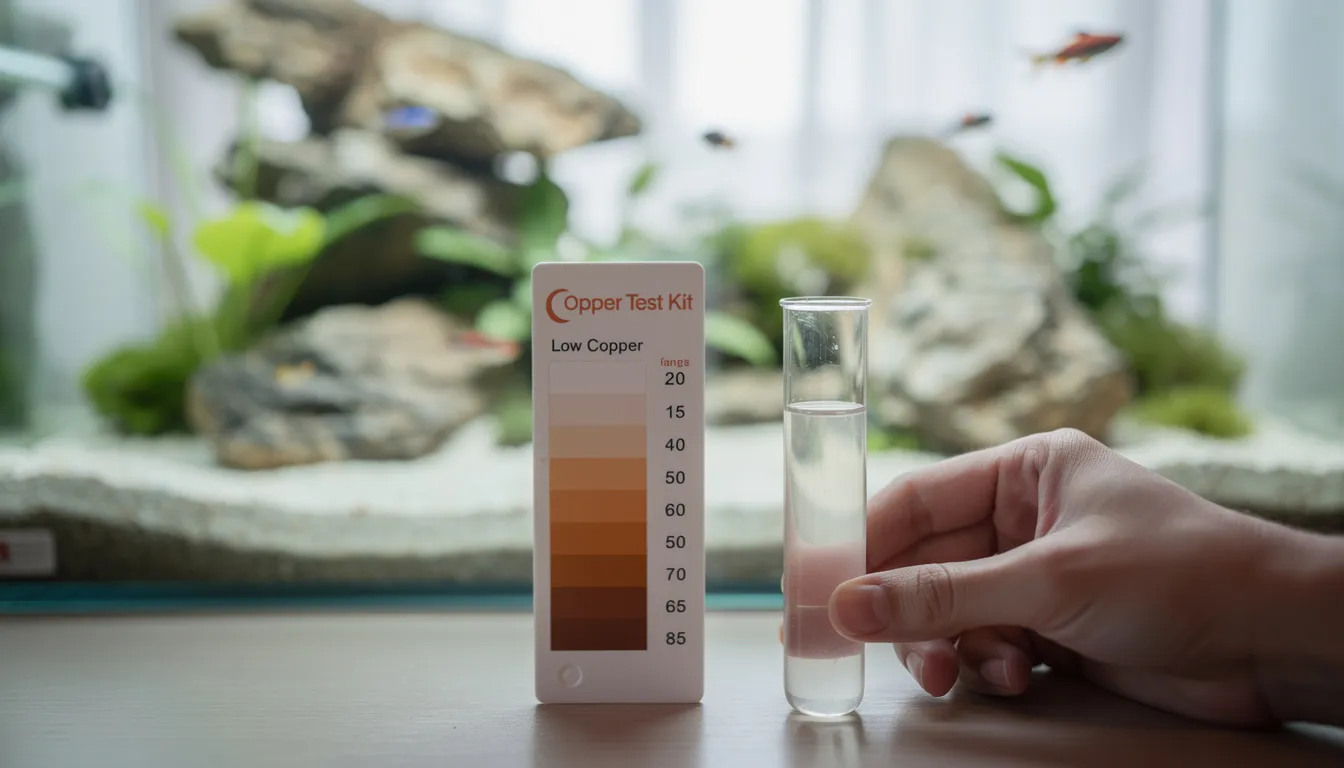 Kupfer-Wassertest mit Farbvergleichskarte zeigt sicheren niedrigen Wert