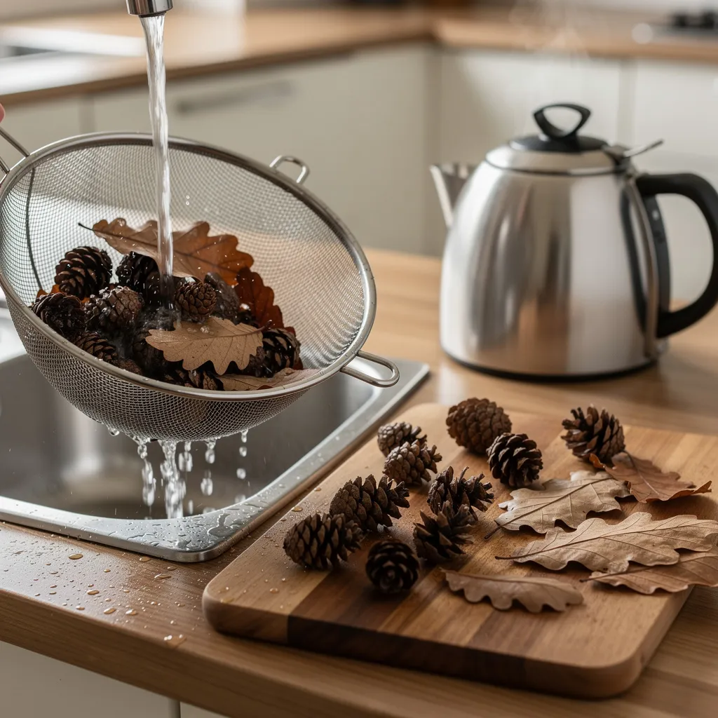 Erlenzapfen und Herbstlaub vorbereiten — Sammeln, Trocknen, Abbrausen