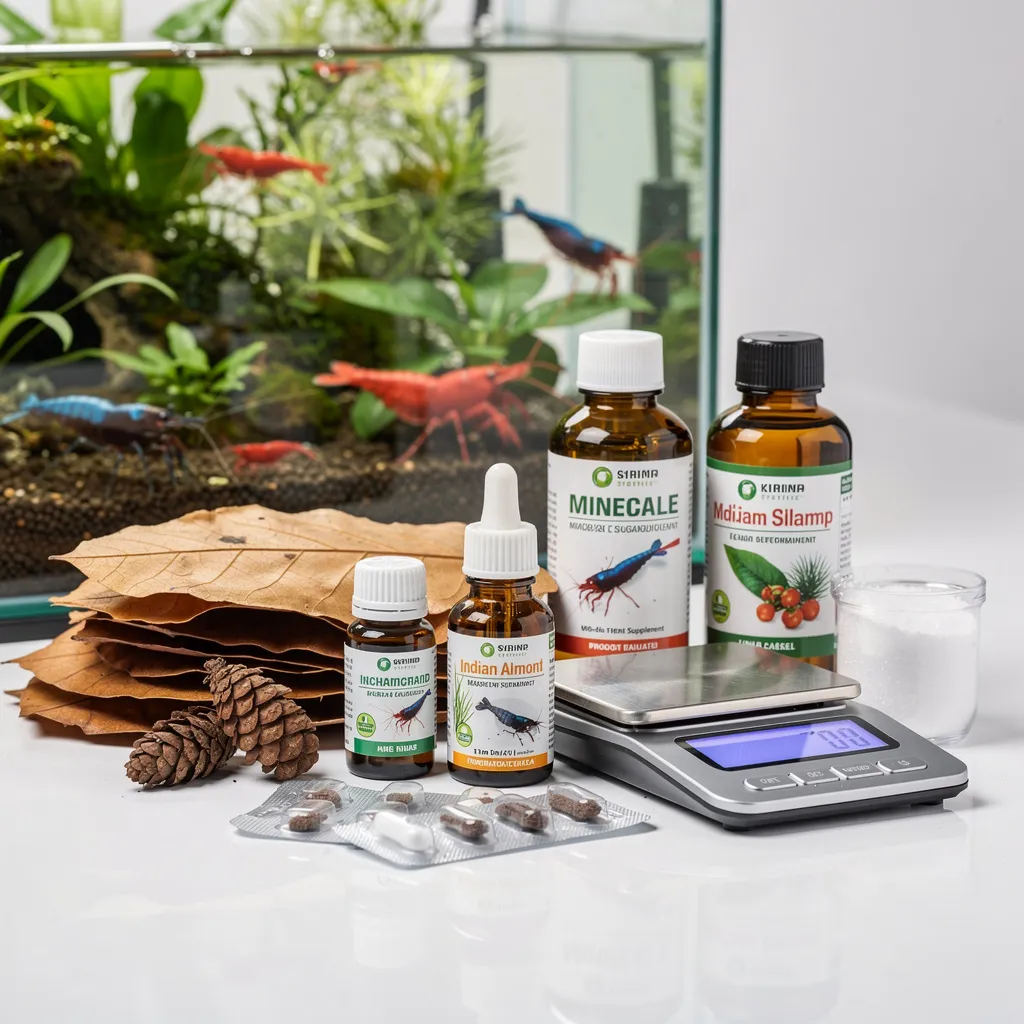 Sichere Mittel für Garnelen: Mineralien, Seemandelbaumblätter, Erlenzapfen und Aquariensalz mit Feinwaage