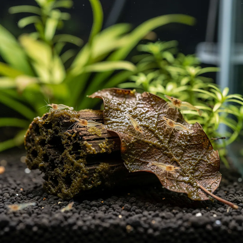 Biofilm auf Wurzelholz und Laub — Nahrungsquelle für Babygarnelen und Mikrofauna