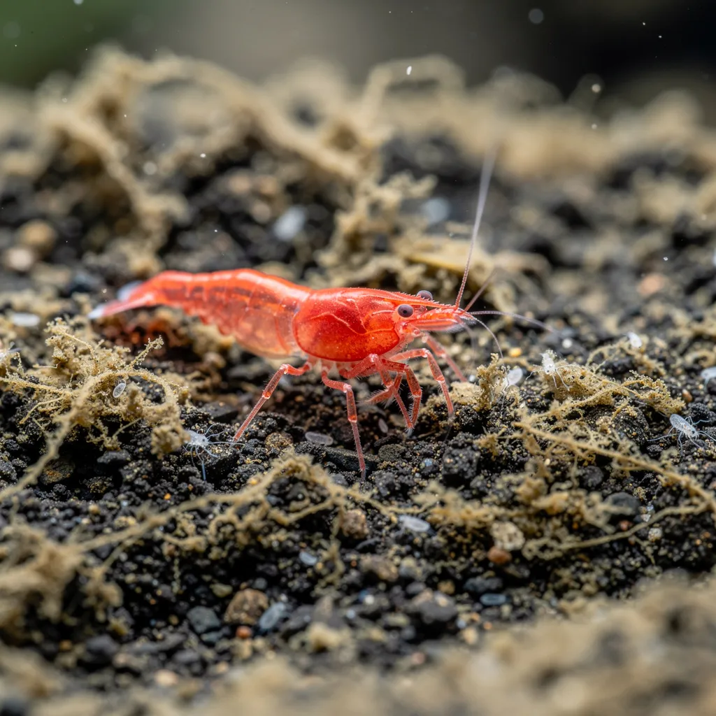 Garnele durchsucht die Mulmschicht auf dem Aquarienboden nach Mikroorganismen