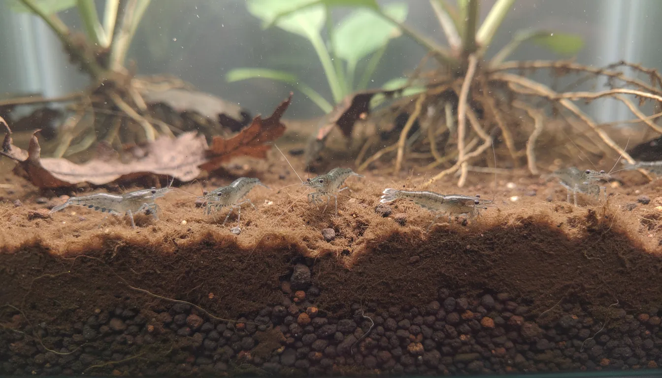 Nahaufnahme von Mulm-Ablagerungen auf dem Aquarienboden zwischen Pflanzenwurzeln