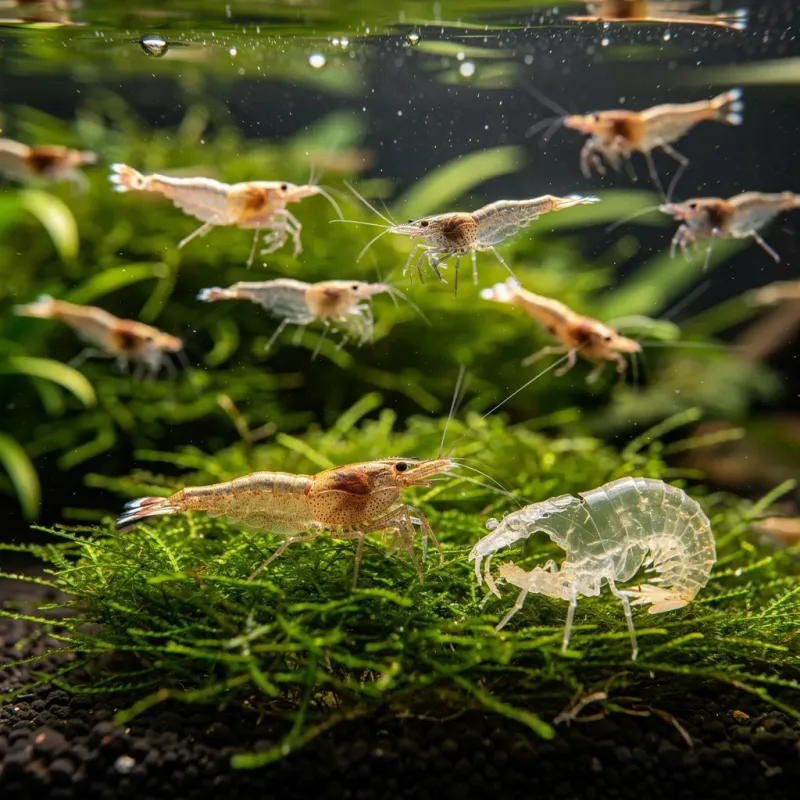Paarungstanz bei Neocaridina: Männchen schwimmen hektisch durchs Becken während Weibchen auf Moos ruht