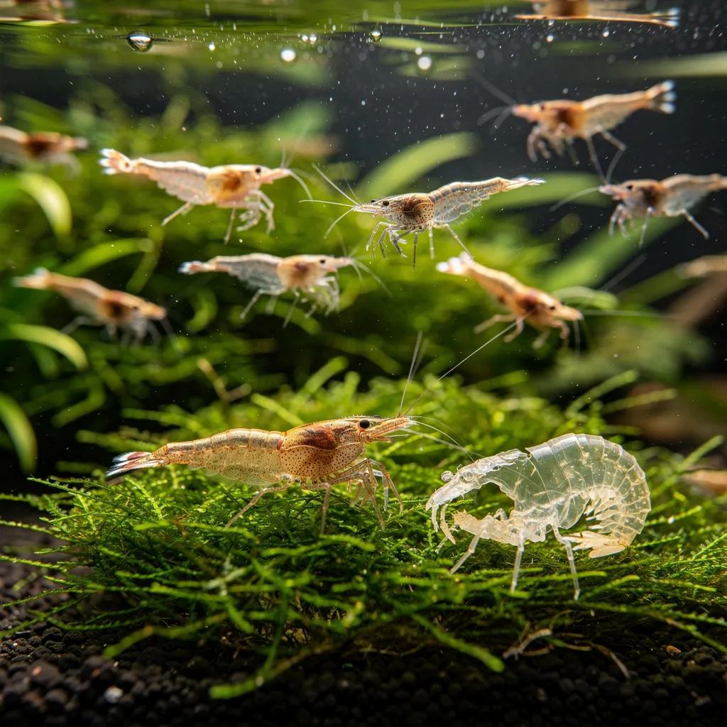 Paarungstanz bei Neocaridina: Männchen schwimmen hektisch durchs Becken während Weibchen auf Moos ruht