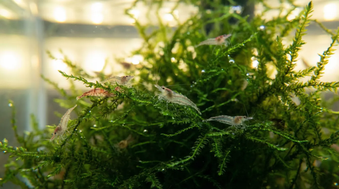 Nahaufnahme von Neocaridina-Eiern in verschiedenen Entwicklungsstadien unter den Schwimmbeinchen