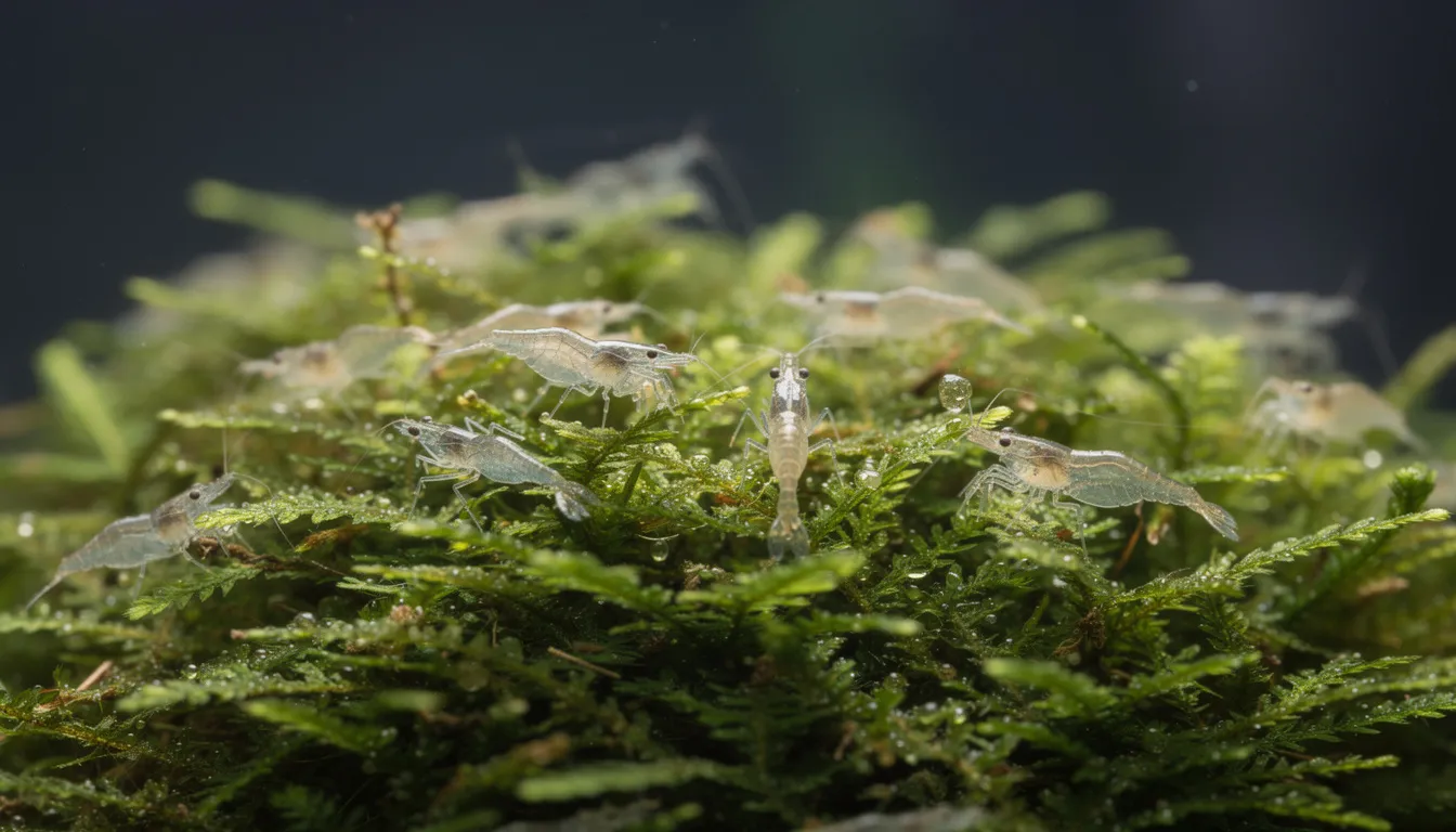 Baby-Garnelen grasen sicher auf Biofilm im dichten Javamoos — optimale Überlebensrate