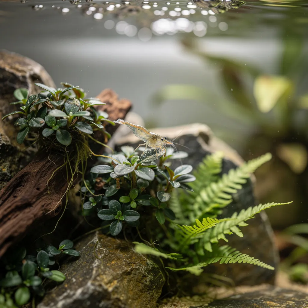 Aufsitzerpflanzen auf Wurzelholz — Anubias, Bucephalandra und Javafarn im Garnelenbecken