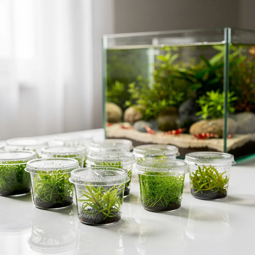 In-vitro-Pflanzen in Bechern — pestizidfreie Wahl fürs Garnelenbecken