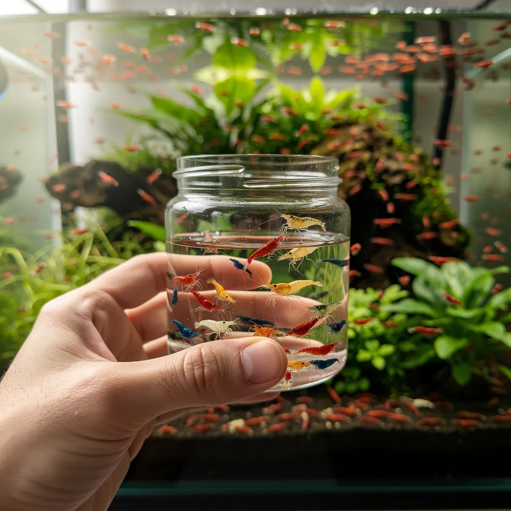 Garnelen in einem Glas zum Abgeben vor einem dicht besetzten Aquarium