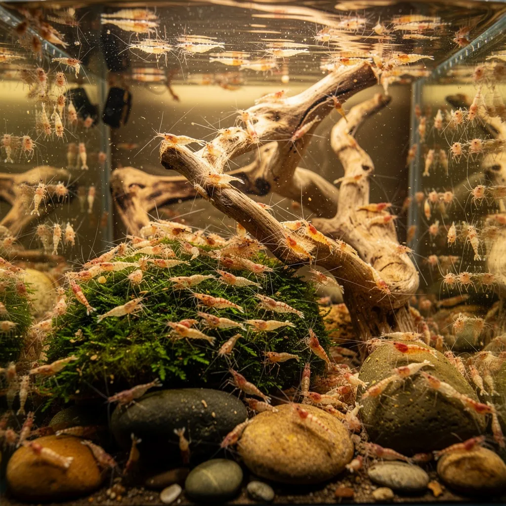 Überbesetztes Garnelenbecken mit blassen Garnelen als Warnsignal