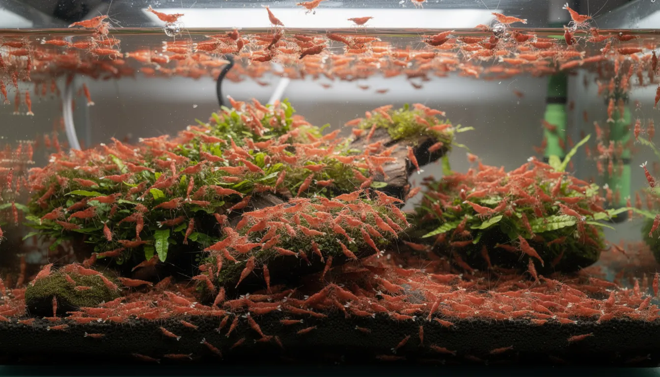 Überfülltes Garnelenbecken mit sehr vielen Neocaridina — Population ausser Kontrolle