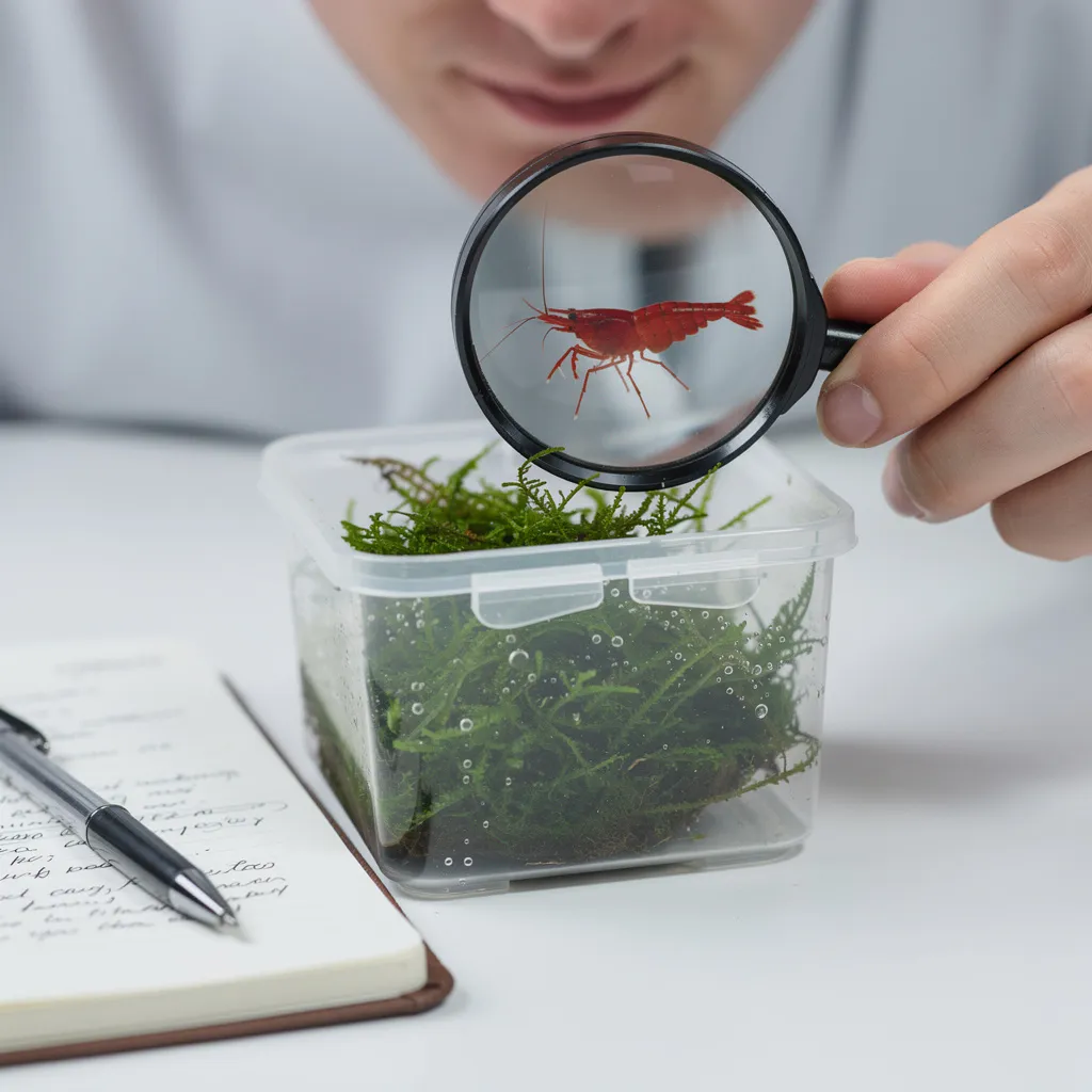 Garnele wird mit einer Lupe im Quarantänebecken auf Parasiten untersucht