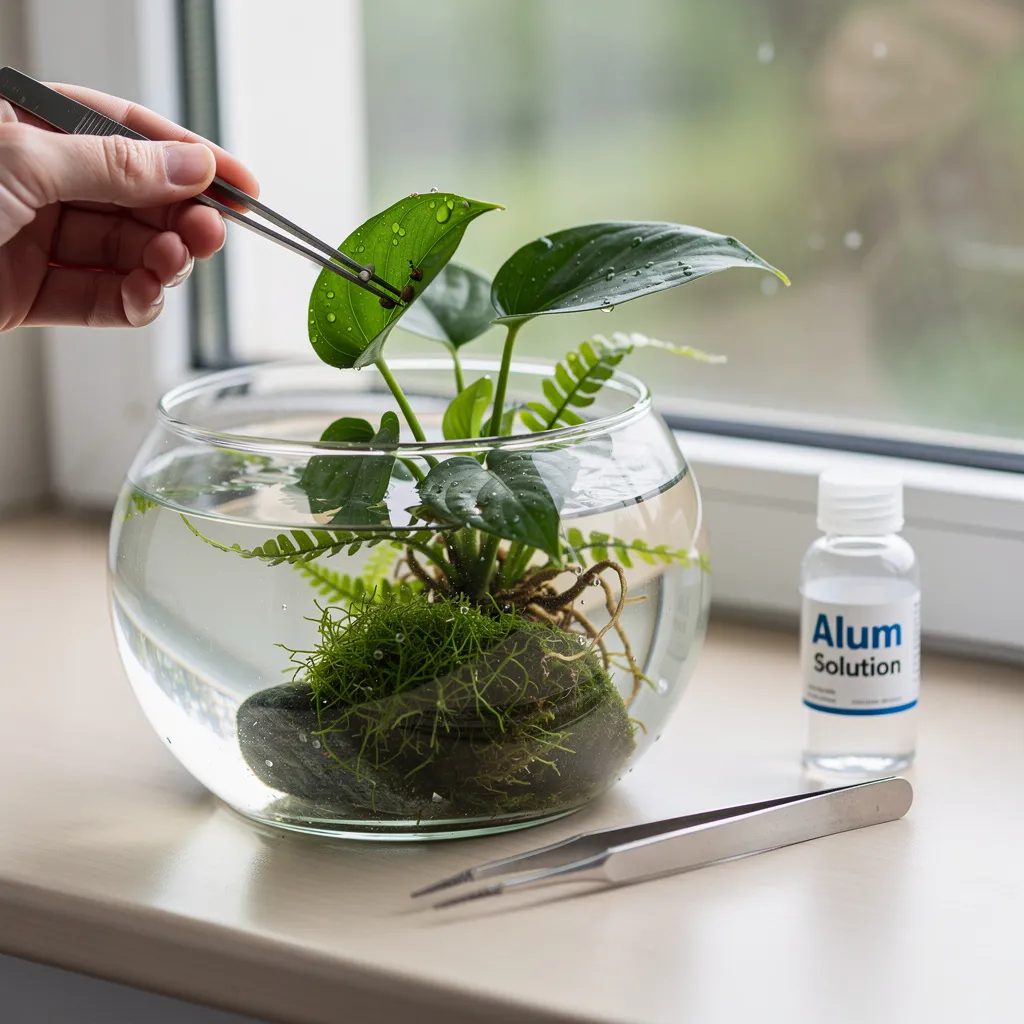 Aquarienpflanzen werden in einem separaten Gefäß auf Schädlinge kontrolliert