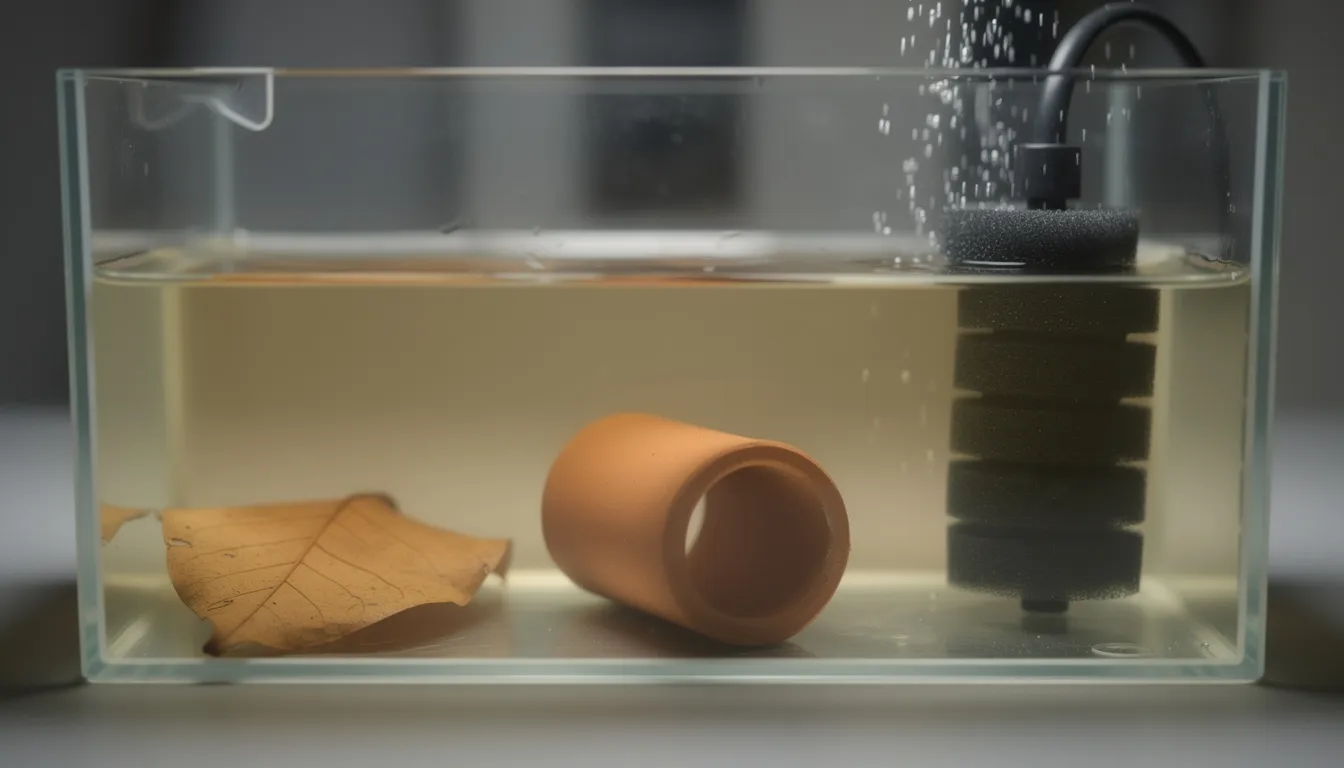 Simples Quarantänebecken mit Schwammfilter, Seemandelbaumblatt und Tonröhre