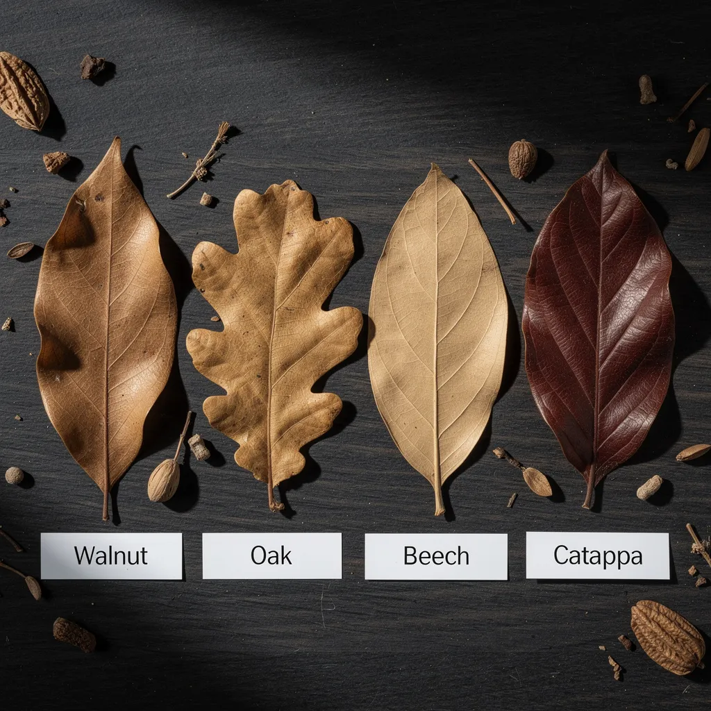 Blätter im Vergleich: Walnuss, Eiche, Buche und Catappa für Garnelenbecken