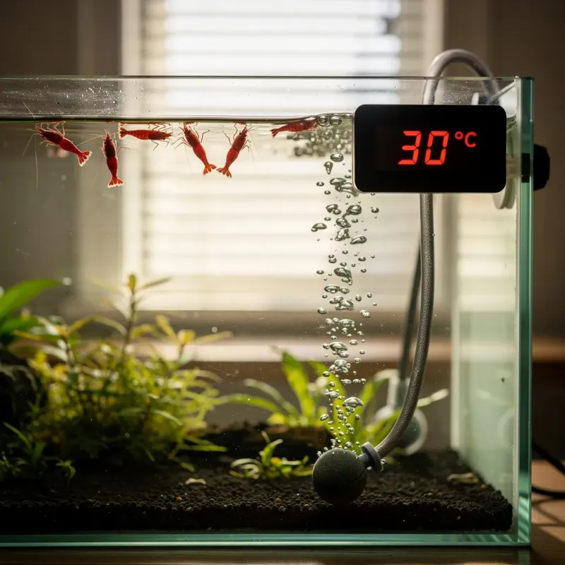 Digitales Thermometer zeigt 30 Grad im Garnelenbecken während einer Hitzewelle