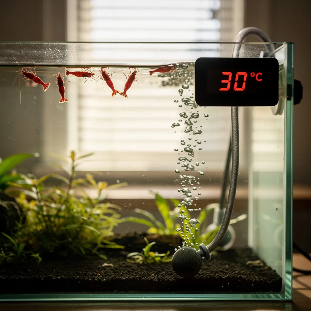 Digitales Thermometer zeigt 30 Grad im Garnelenbecken während einer Hitzewelle