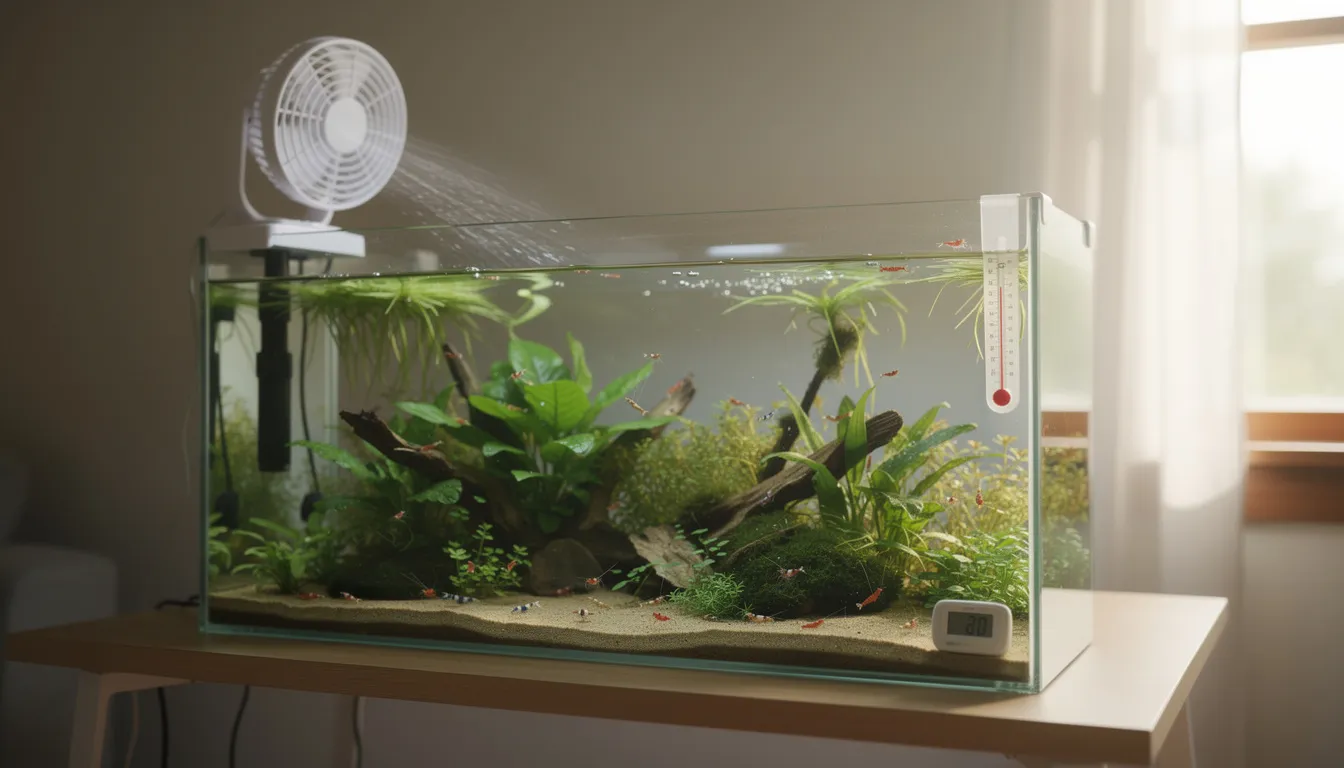 Aquarium-Kühlung im Sommer mit Ventilator an der Wasseroberfläche