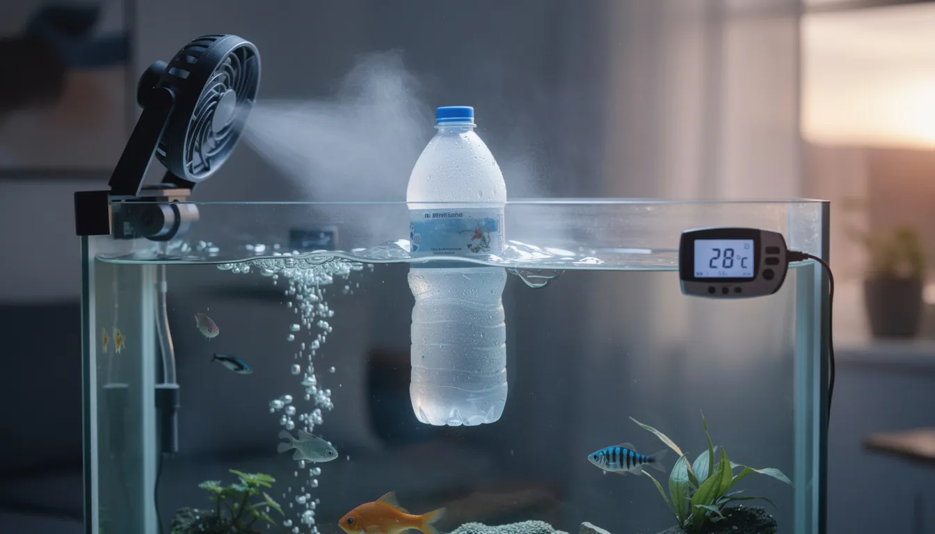 Notfall-Kühlung: Eisflasche im Becken, Ventilator an der Oberfläche, Thermometer zeigt 28 Grad