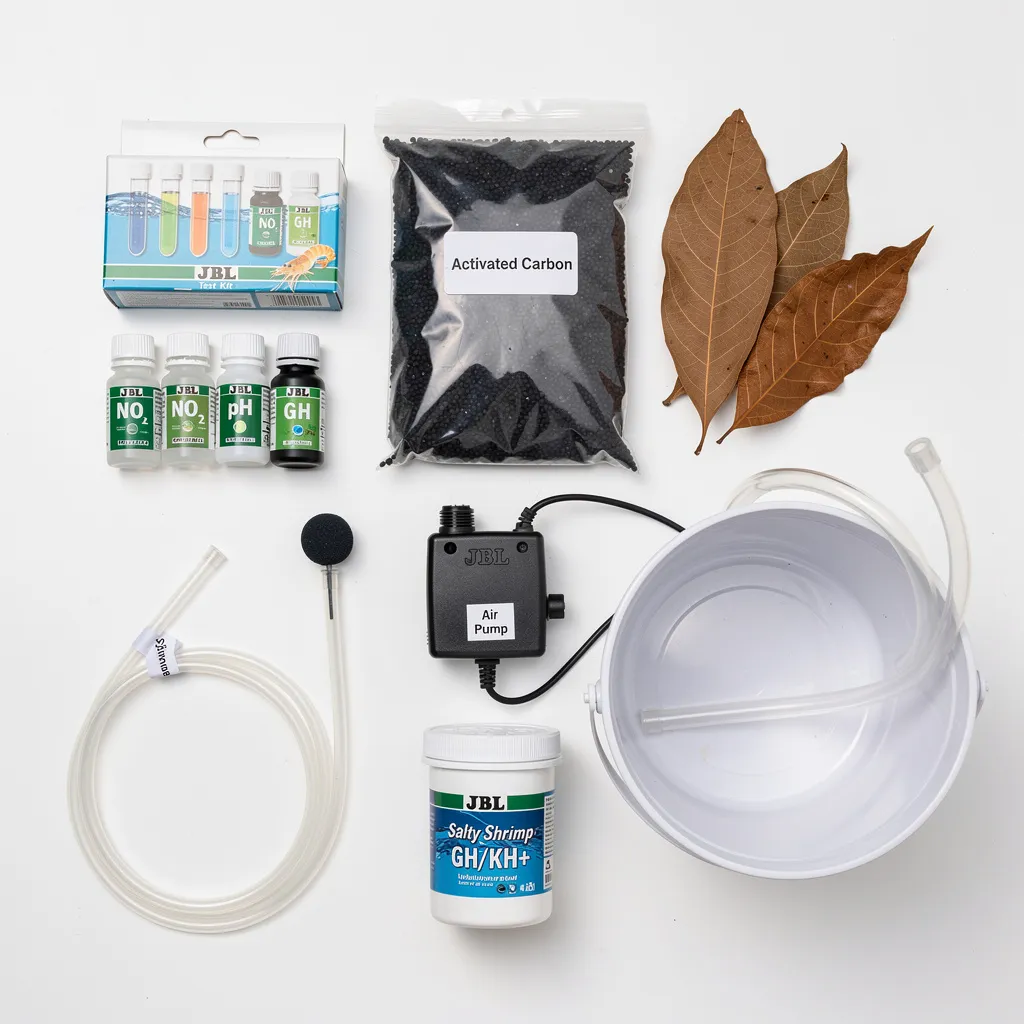 Garnelen-Notfall-Kit: Wassertest, Aktivkohle, Seemandelbaumblätter, Aufhärtesalz und Belüftung