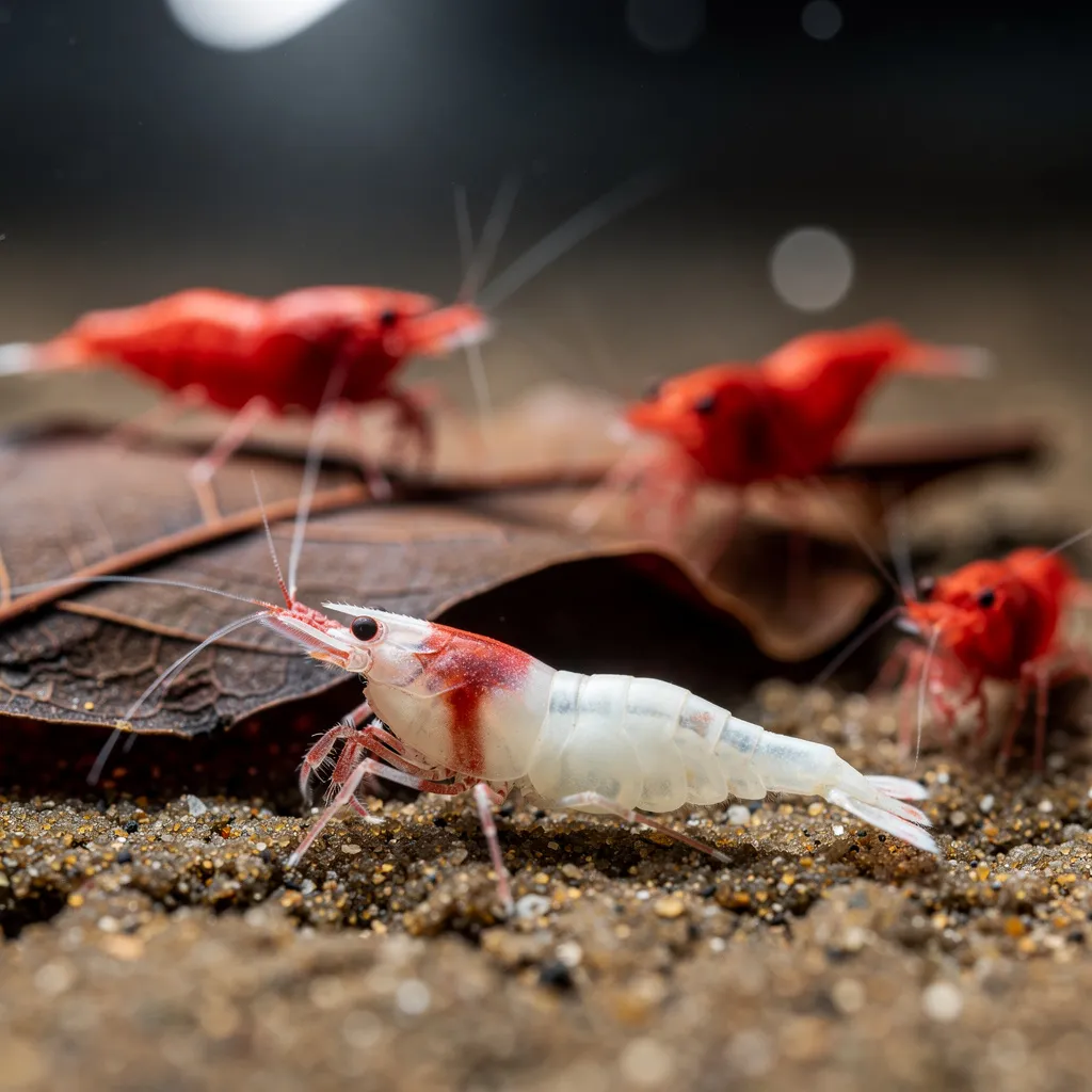 Kranke Garnele mit milchig-weisser Verfärbung neben gesunden roten Garnelen — bakterielle Infektion