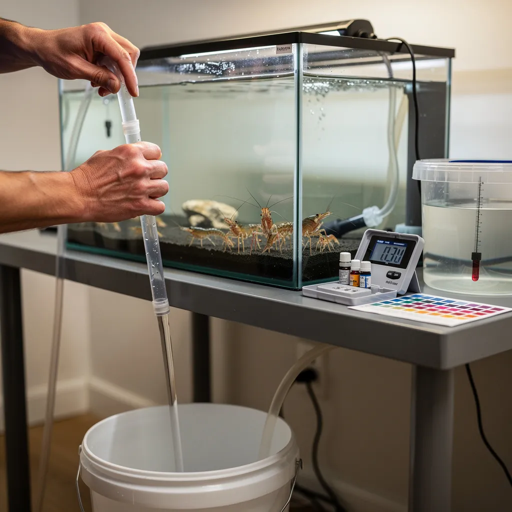 Notfall-Wasserwechsel am Garnelenbecken mit Temperaturkontrolle und bereitstehendem Frischwasser