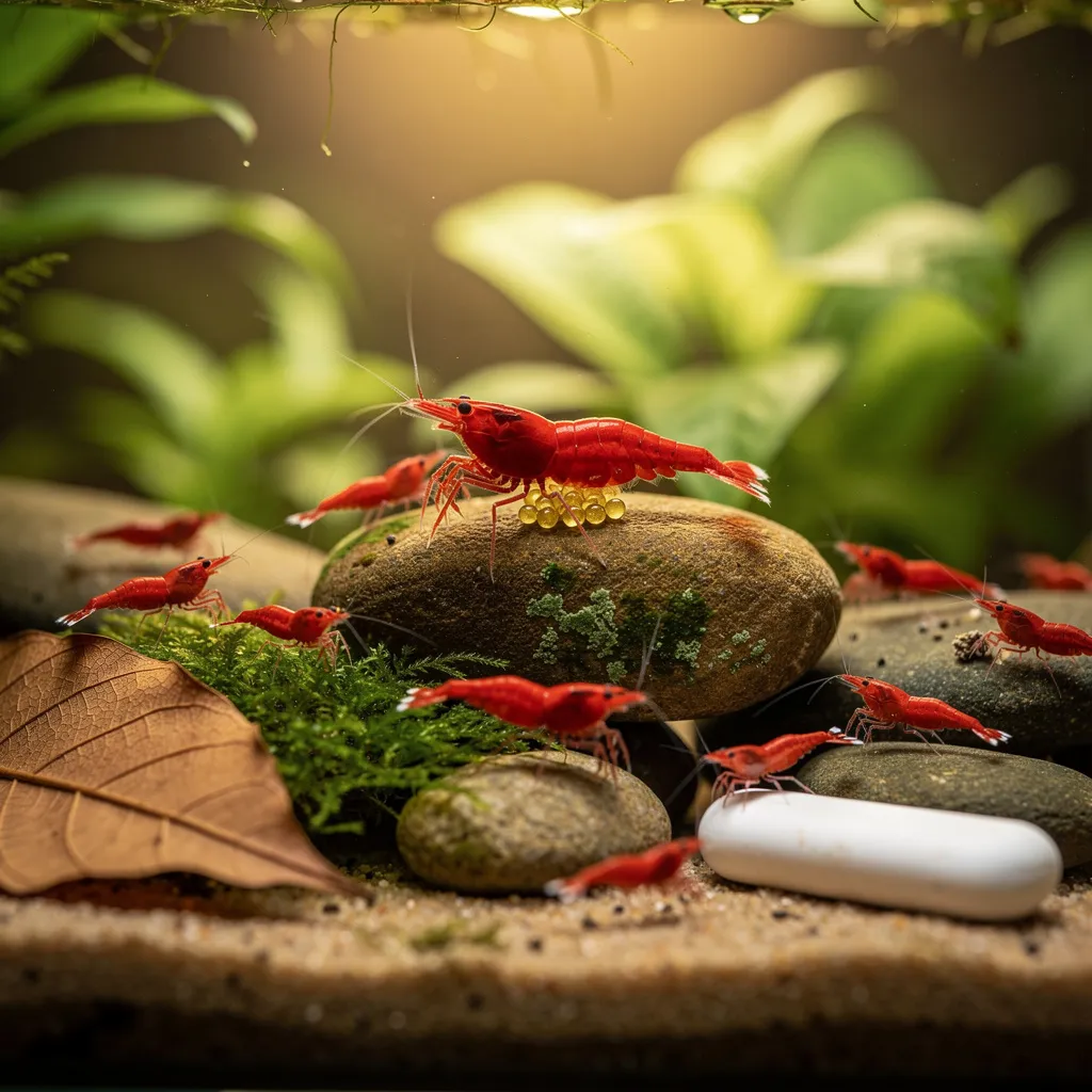 Erholte Garnelenkolonie nach einem Notfall: tragendes Weibchen und aktive Tiere als Zeichen der Genesung