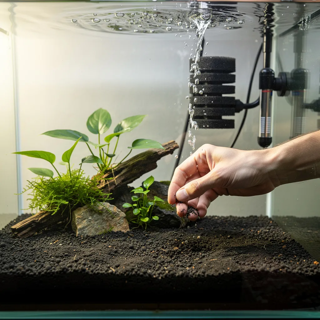 Neustart eines Garnelenaquariums mit frischem Soil, ersten Pflanzen und Schwammfilter nach Massensterben