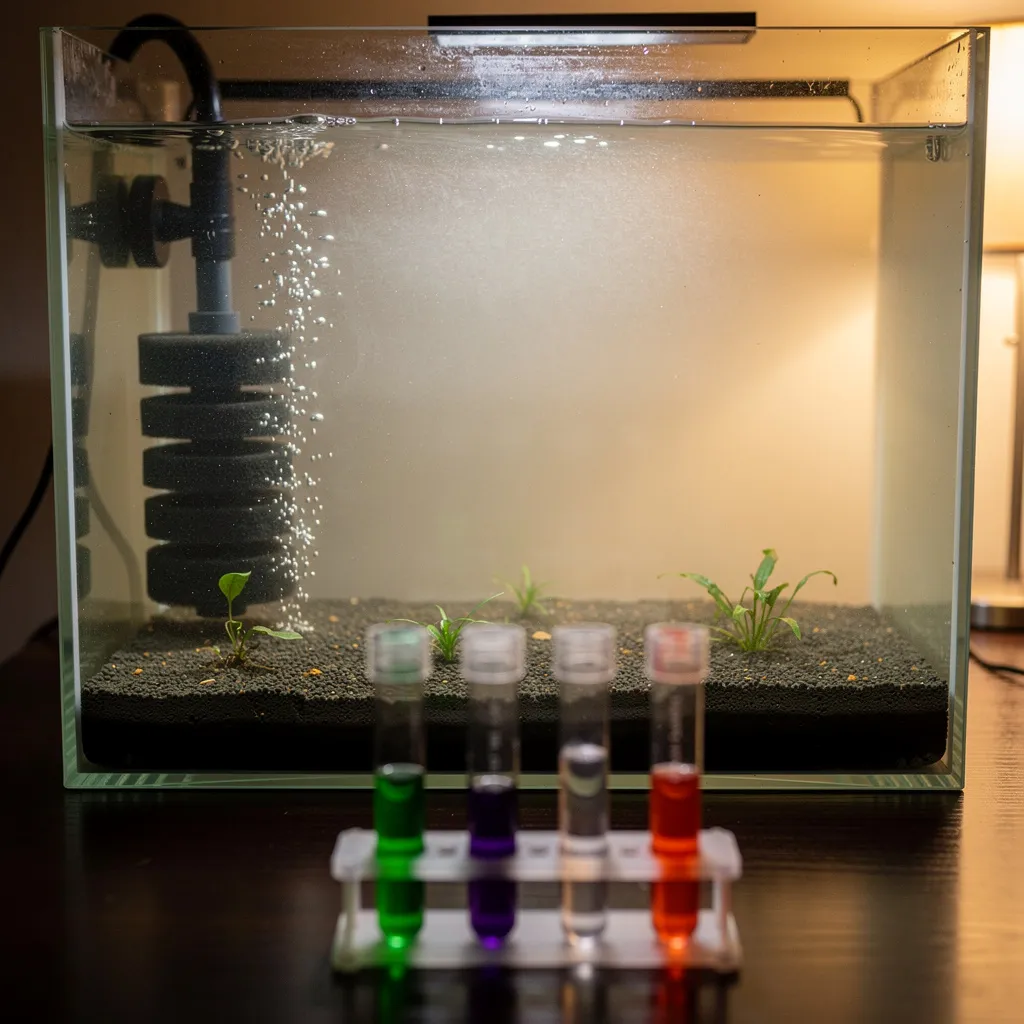 Neues Aquarium in der Einfahrphase mit Bakterienblüte und Wassertests für Ammoniak, Nitrit und Nitrat