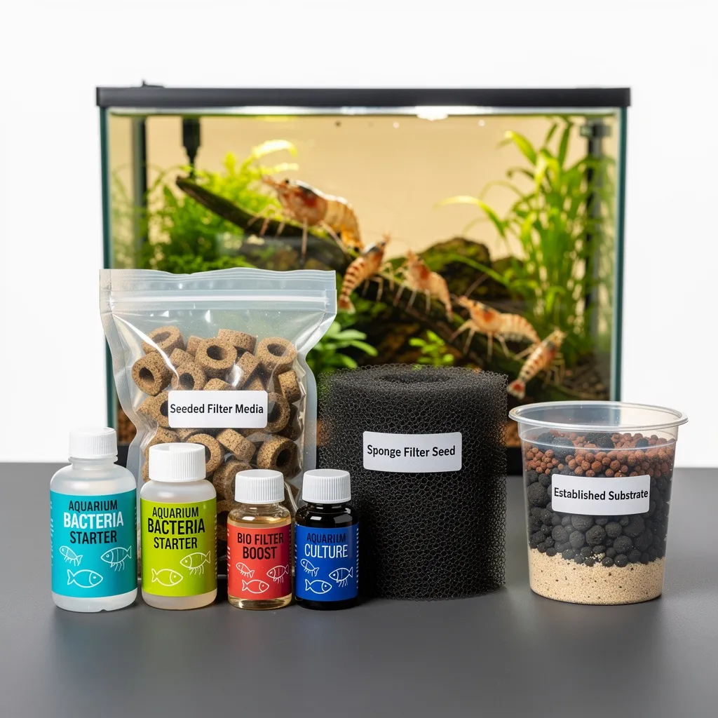 Verschiedene Bakterienstarter-Produkte, eingefahrenes Filtermaterial und Garnelenbecken im Hintergrund