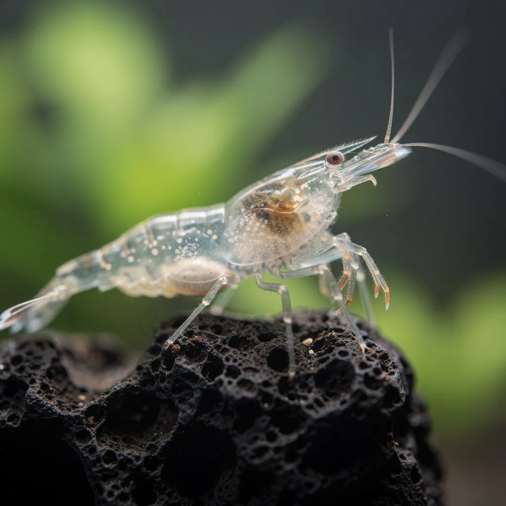 Nahaufnahme körperlicher Krankheitszeichen bei einer Garnele mit geschwollenem Kiemenbereich im Aquarium