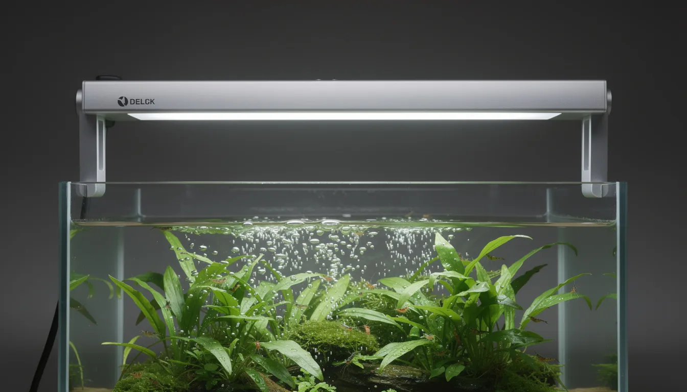 LED-Aufsatzleuchte über bepflanztem Nano-Becken mit sichtbaren Sauerstoffblasen