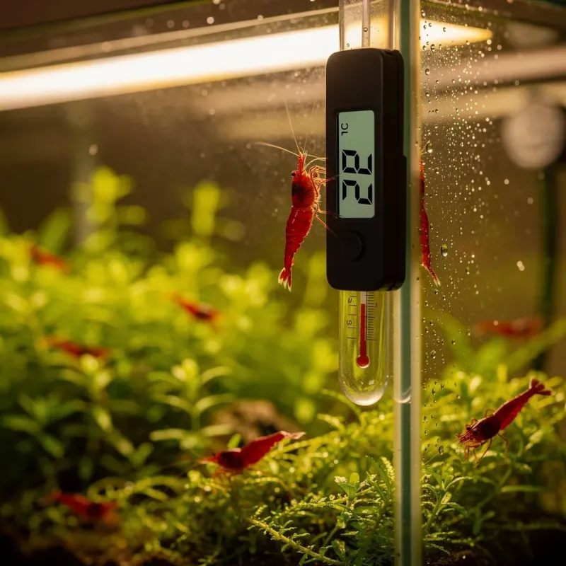 Digitales Thermometer zeigt 22°C im Garnelenbecken — optimale Temperatur