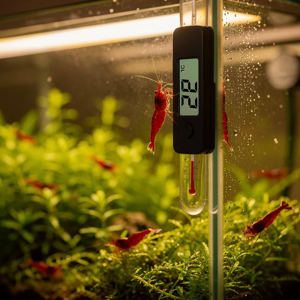 Digitales Thermometer zeigt 22°C im Garnelenbecken — optimale Temperatur
