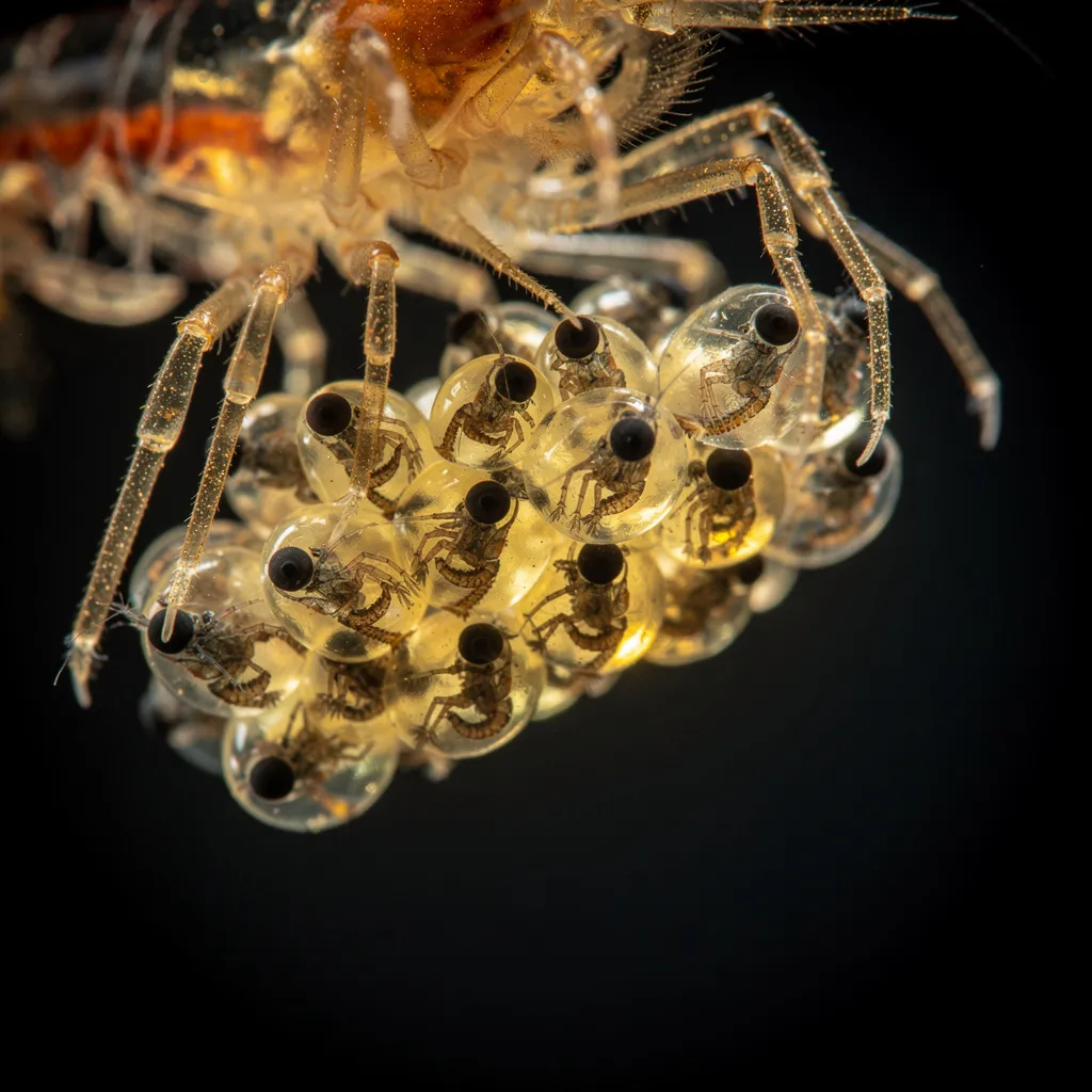 Kurz vor dem Schlupf: Fast durchsichtige Garneleneier mit sichtbaren Miniatur-Garnelen und Augen darin
