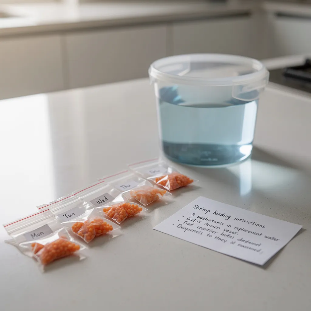Vorportioniertes Garnelenfutter in beschrifteten Beuteln für die Urlaubsbetreuung