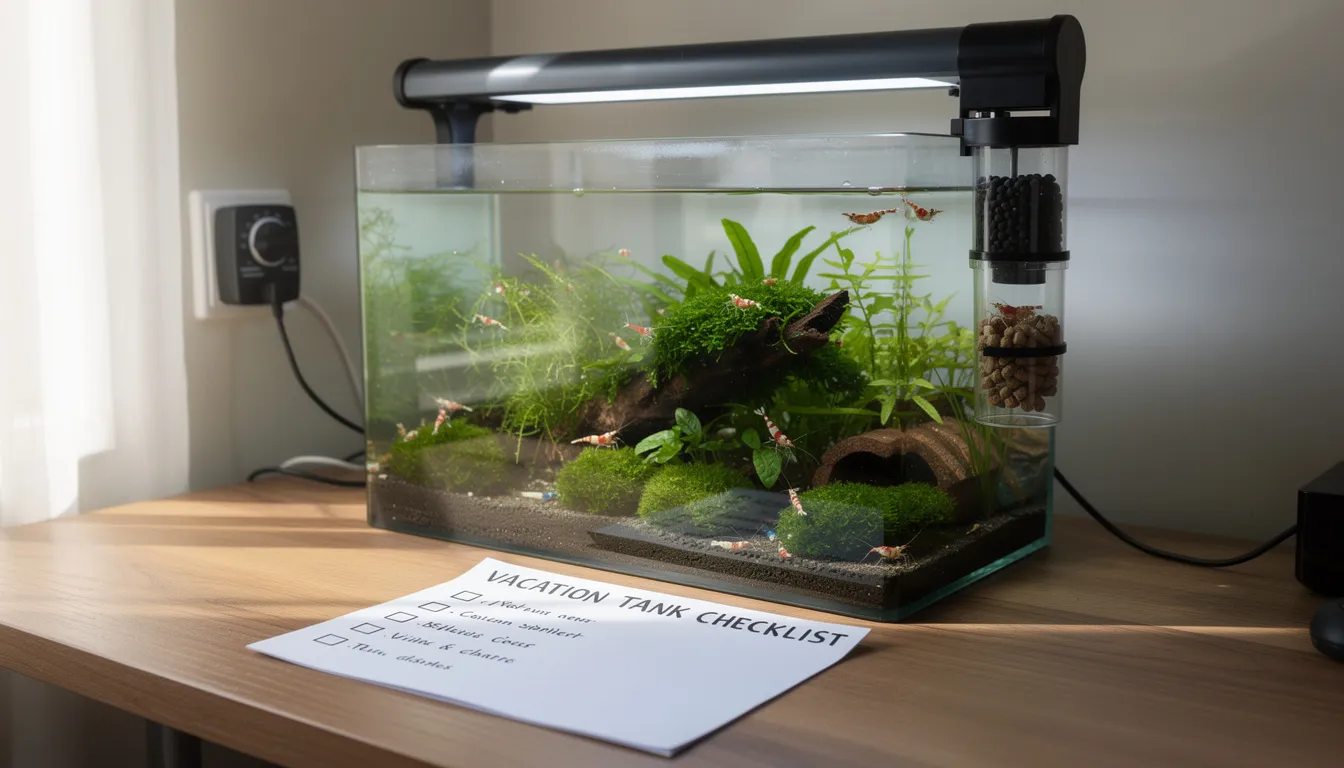 Urlaubsvorbereitung: Futterautomat, Zeitschaltuhr und aufgefüllter Wasserstand am Garnelenbecken