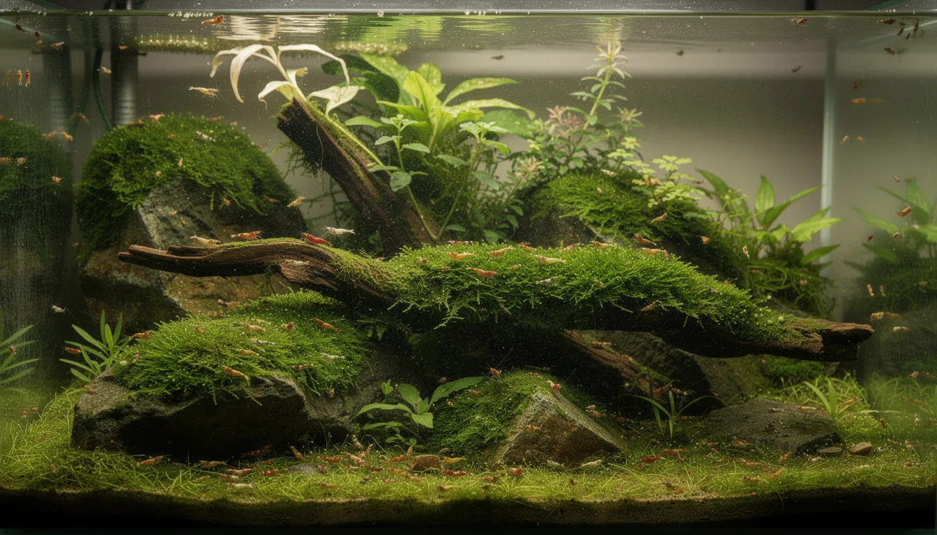 Gut eingefahrenes Garnelenbecken mit reichlich Biofilm — Garnelen versorgen sich selbst