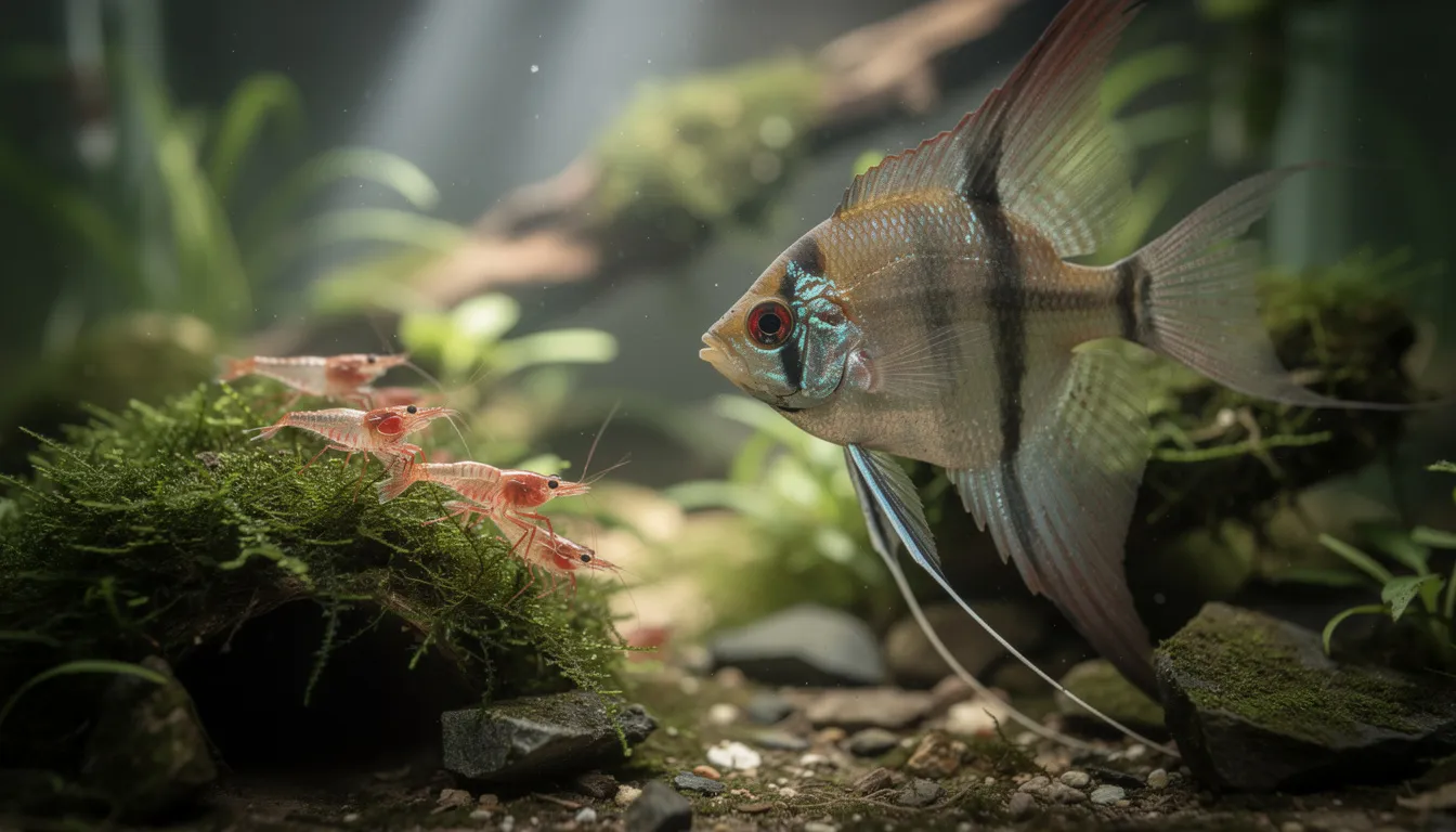 Raubfisch beäugt kleine Garnelen — Warnung vor ungeeigneten Vergesellschaftungspartnern