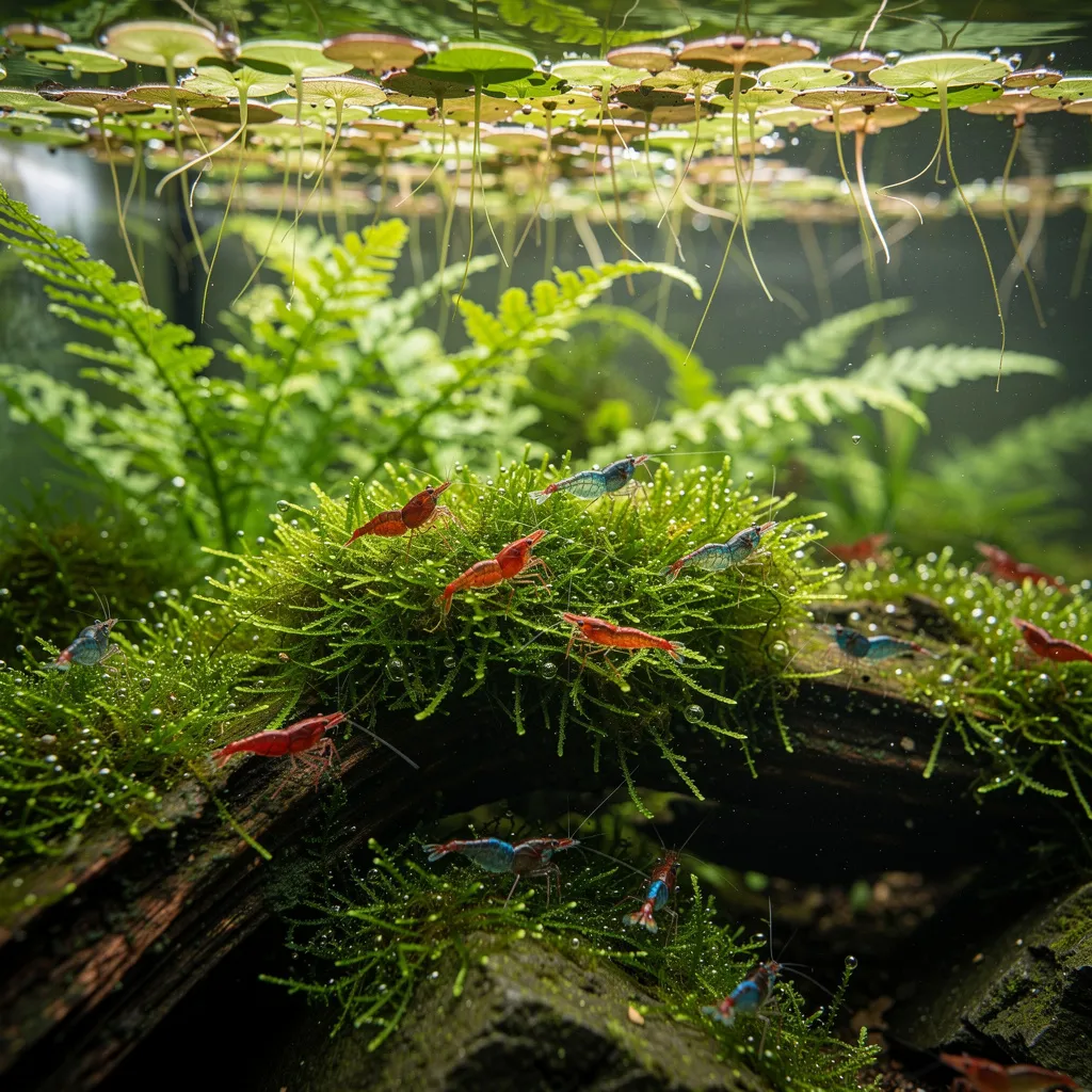 Dichte Javamoos-Zone als Schutzversteck für Baby-Garnelen — unerreichbar für kleine Fische