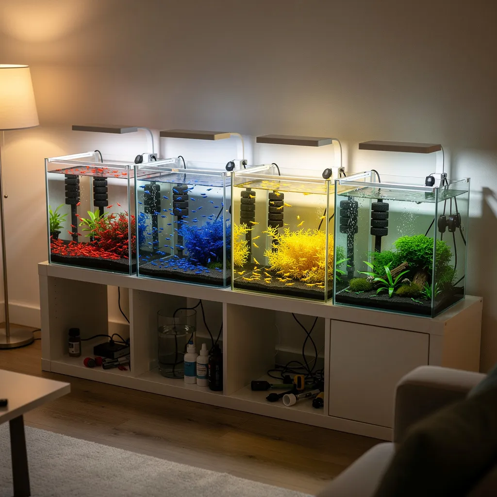 Garnelen-Zucht-Regal mit vier Nano-Cubes: verschiedene Farbvarianten getrennt gehalten