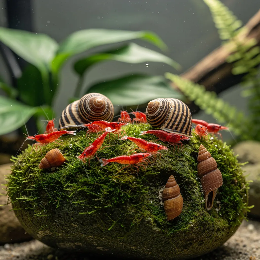 Friedliches Zusammenleben: Neocaridina-Garnelen neben Zebra-Rennschnecken und Turmdeckelschnecken