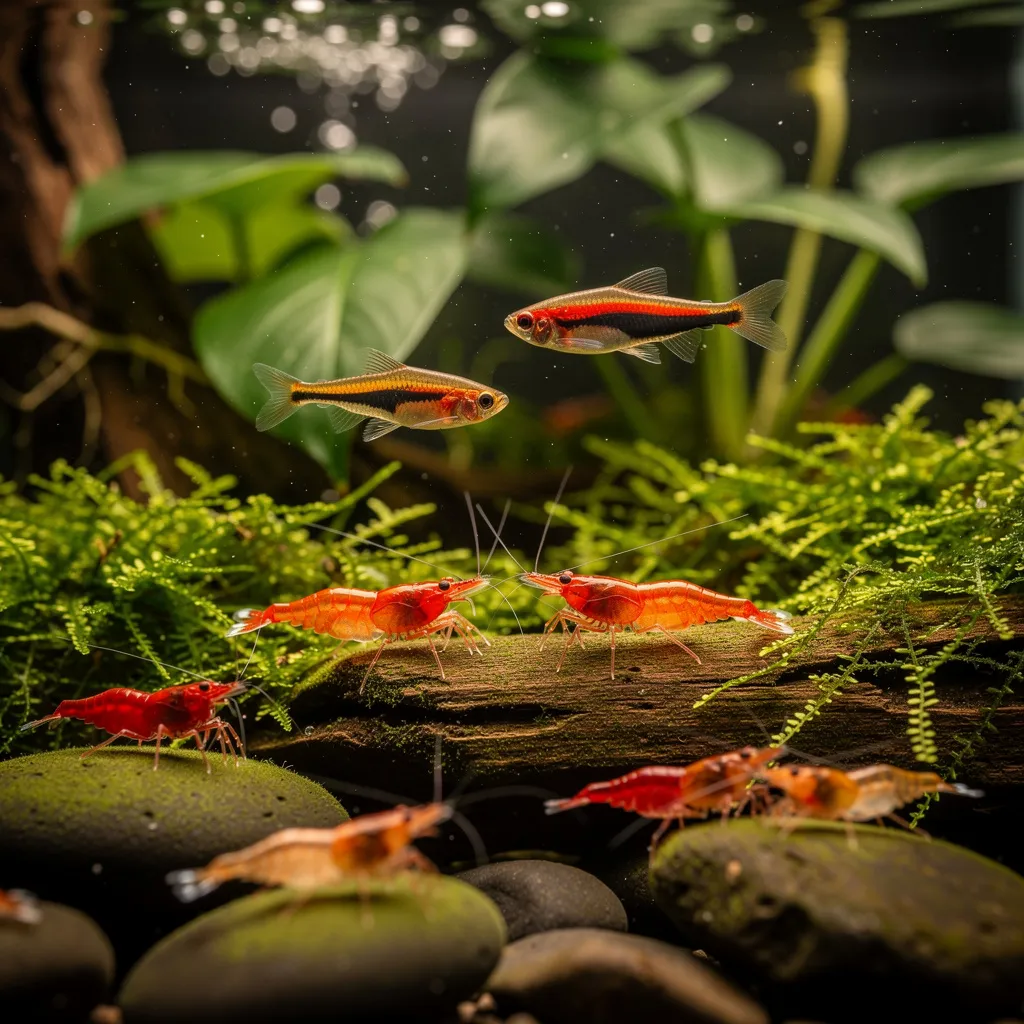 Garnelen und Moskitobärlinge friedlich zusammen im bepflanzten Aquarium