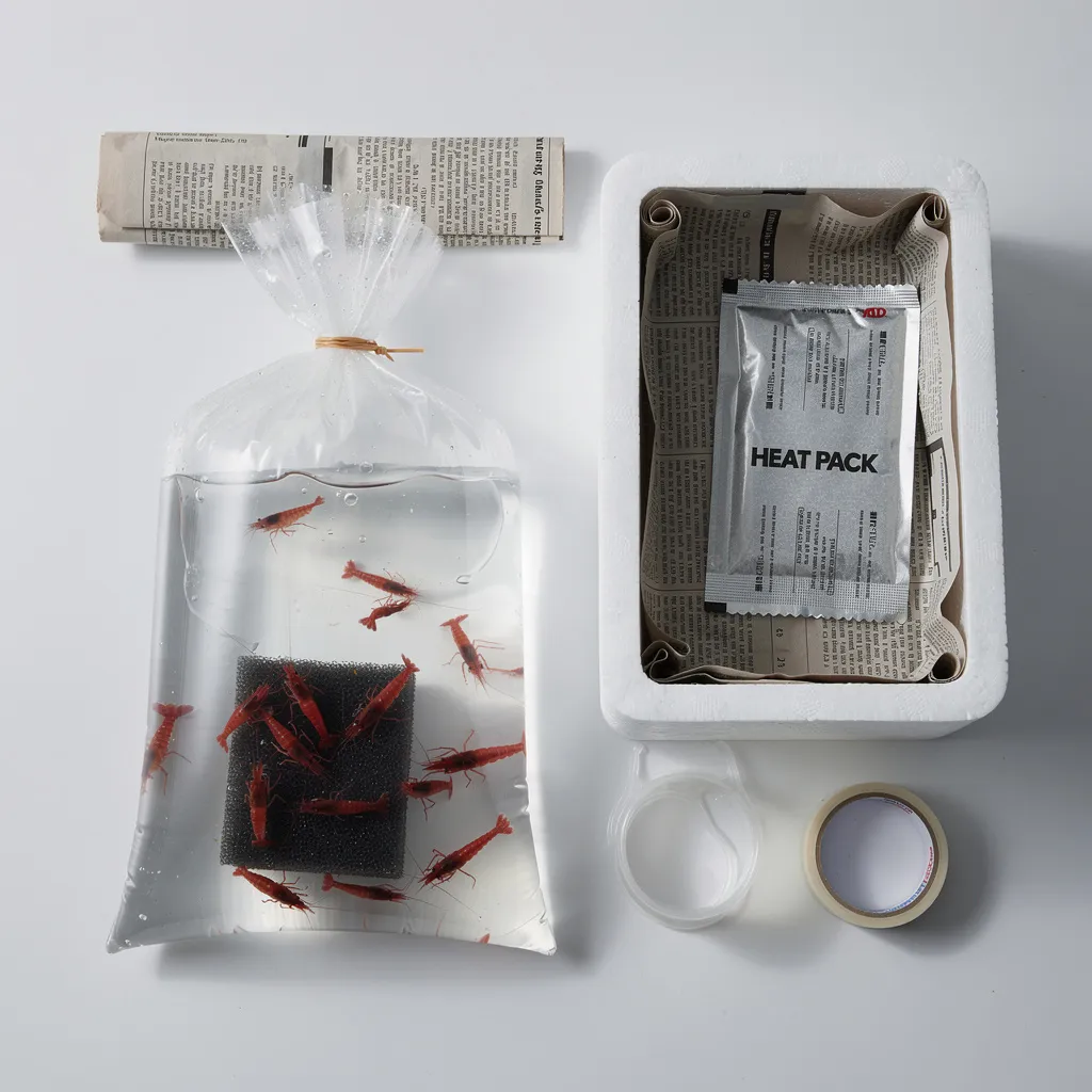 Professionelle Garnelen-Versandverpackung mit Transportbeutel, Styroporbox und Heatpack auf Arbeitstisch